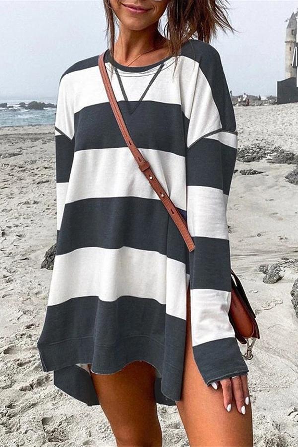 Printed Striped Long-sleeved Side Slit Sweatshirt