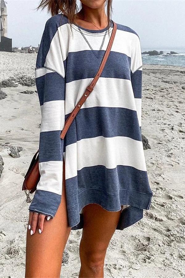 Printed Striped Long-sleeved Side Slit Sweatshirt