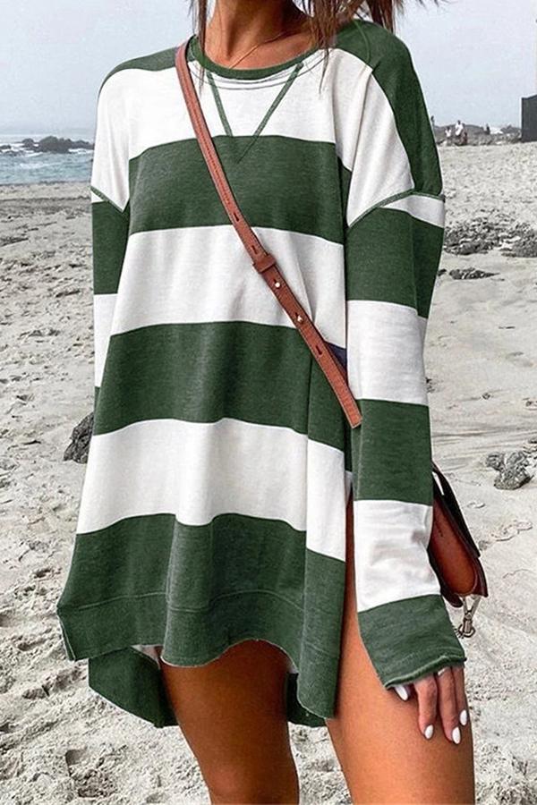 Printed Striped Long-sleeved Side Slit Sweatshirt