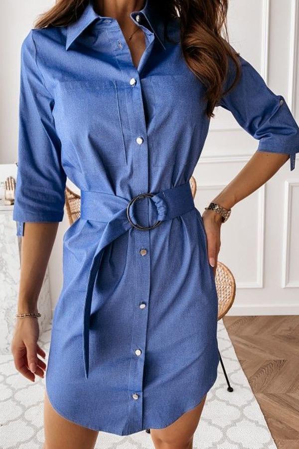 Fashion Solid Color Belt Shirt Dress