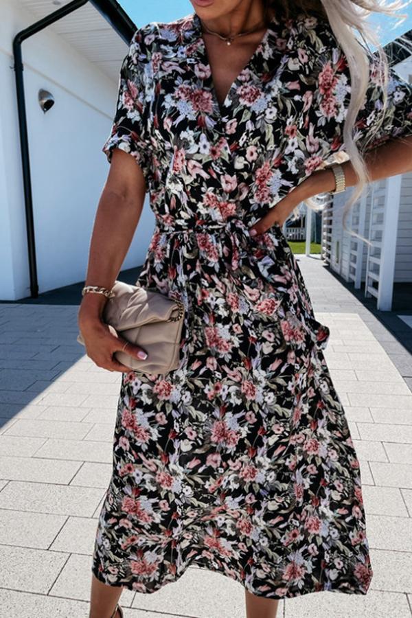 V-neck Waist Floral Print Midi Skirt