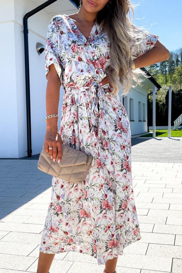 V-neck Waist Floral Print Midi Skirt