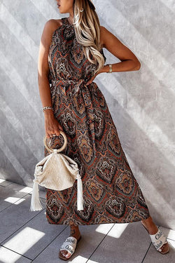 Sleeveless Printed Dress Lace Up Dress