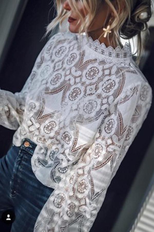 Long-sleeved Stand-collar Lace Top