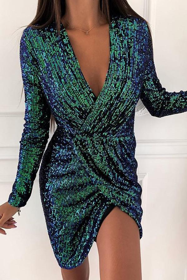 Shiny Long Sleeve V-neck Party Dress