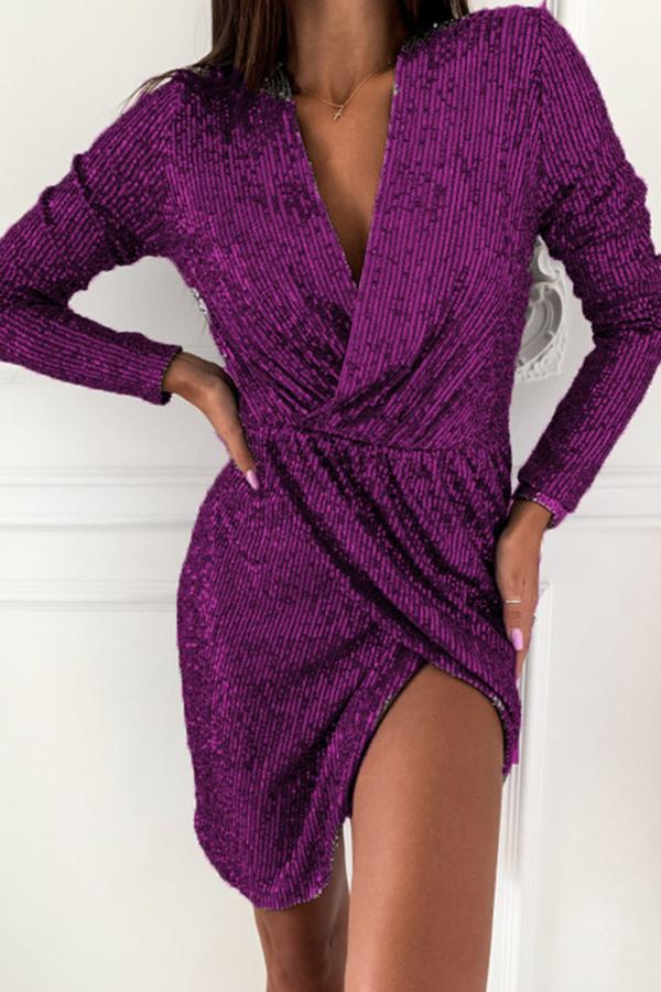 Shiny Long Sleeve V-neck Party Dress