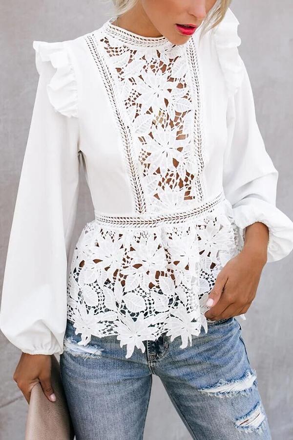 White Hollow Stitching Ruffle Top