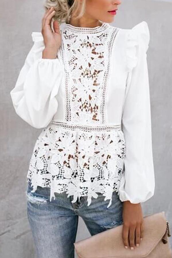 White Hollow Stitching Ruffle Top