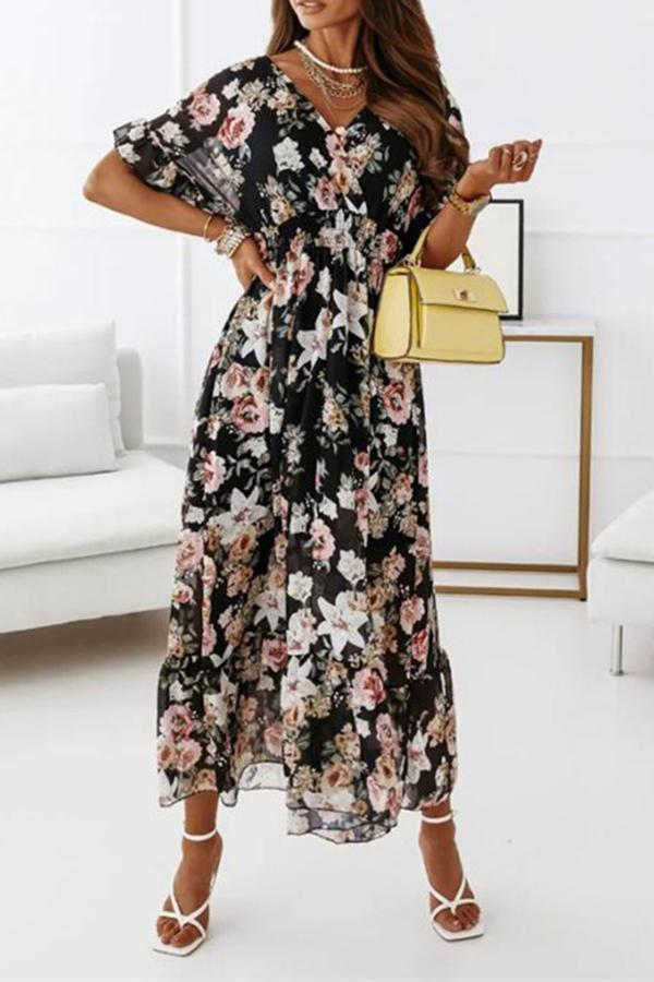 Short-sleeved Waist Floral Dress