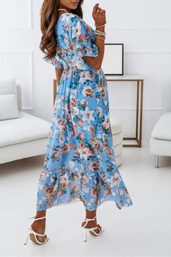 Short-sleeved Waist Floral Dress