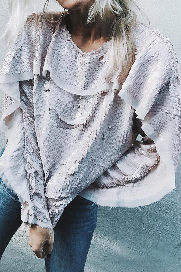 Sequined Ruffled Long-sleeved Top