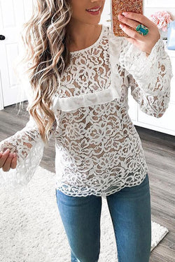 Lace Flared Sleeve Hollow Top