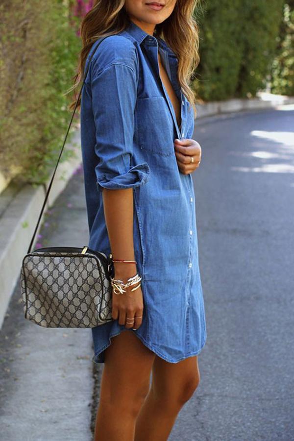 Long Sleeve Button Pocket Denim Dress