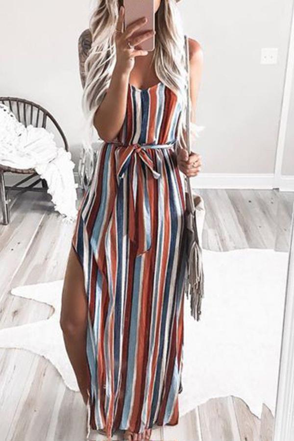 Casual Color Striped Suspender Dress