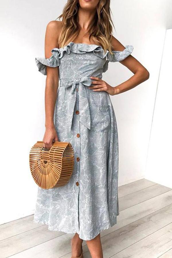 Beautiful Day Ruffle Shoulder Button-Up Midi Dress