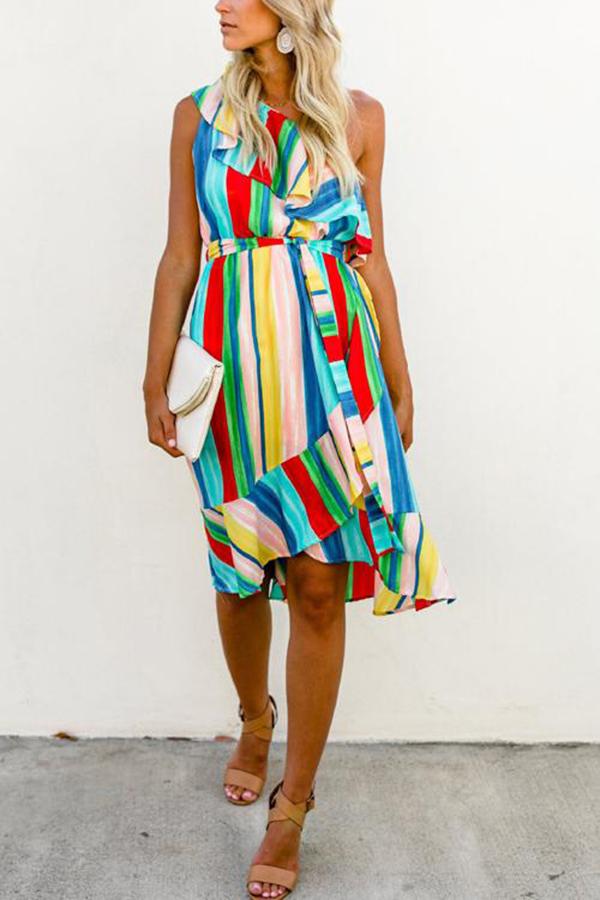 Boho Rainbow Color One-shoulder Dress