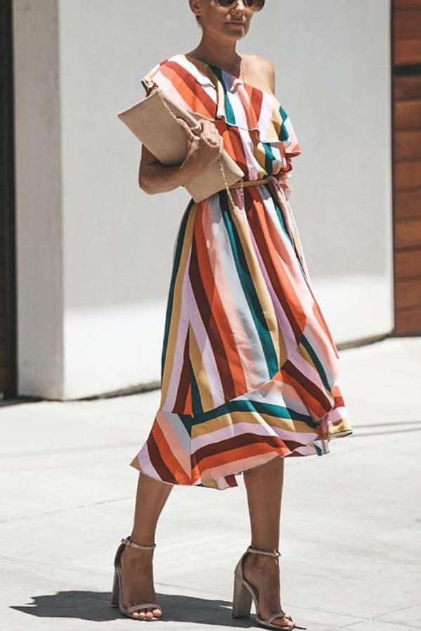 Boho Rainbow Color One-shoulder Dress