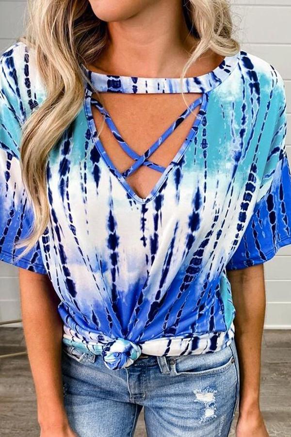 Tie-dye Printed V-neck Loose T-shirt