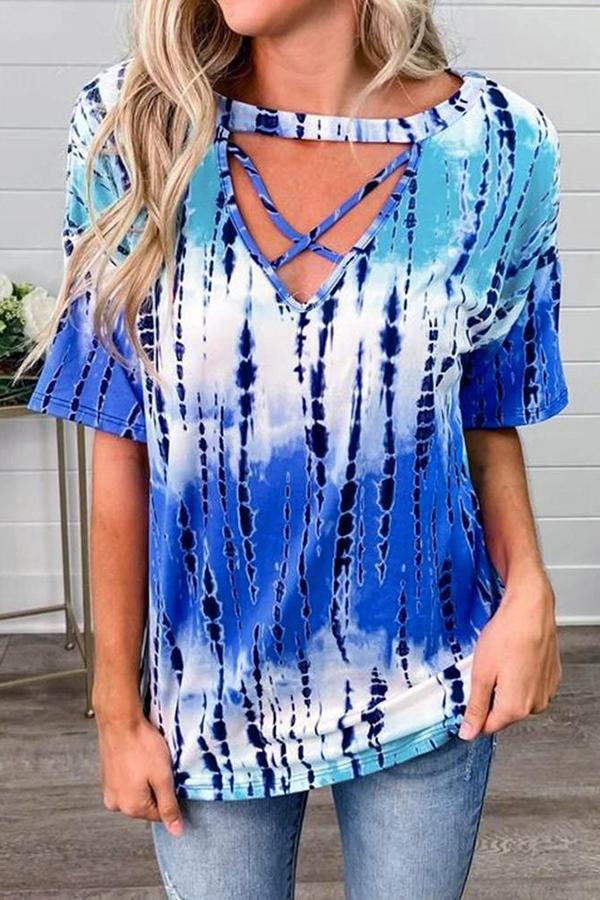 Tie-dye Printed V-neck Loose T-shirt