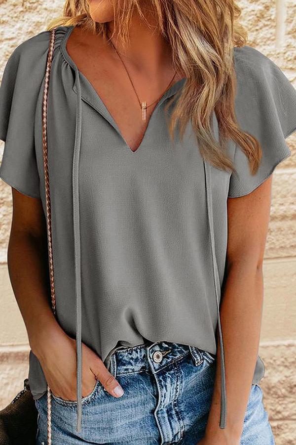 V-neck Tie Solid Short-sleeved Blouse