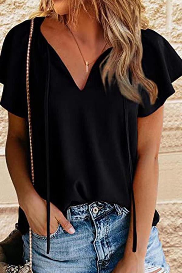 V-neck Tie Solid Short-sleeved Blouse