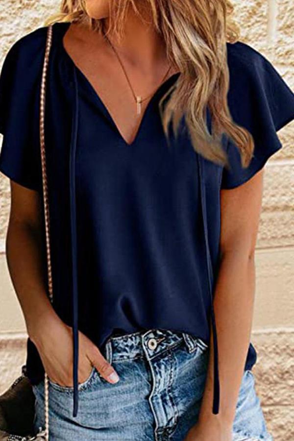 V-neck Tie Solid Short-sleeved Blouse