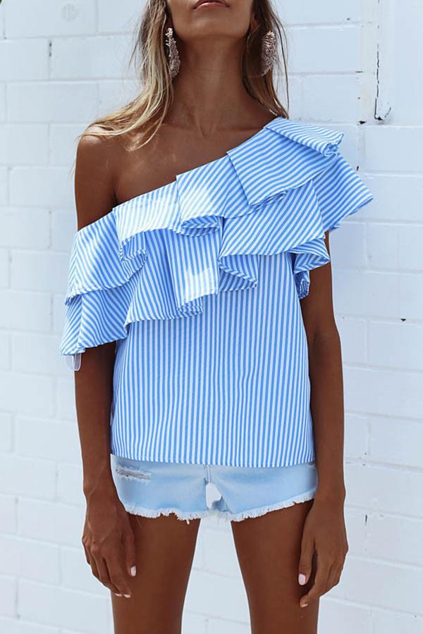 Oblique Shoulder Ruffles Sleeveless T-shirt