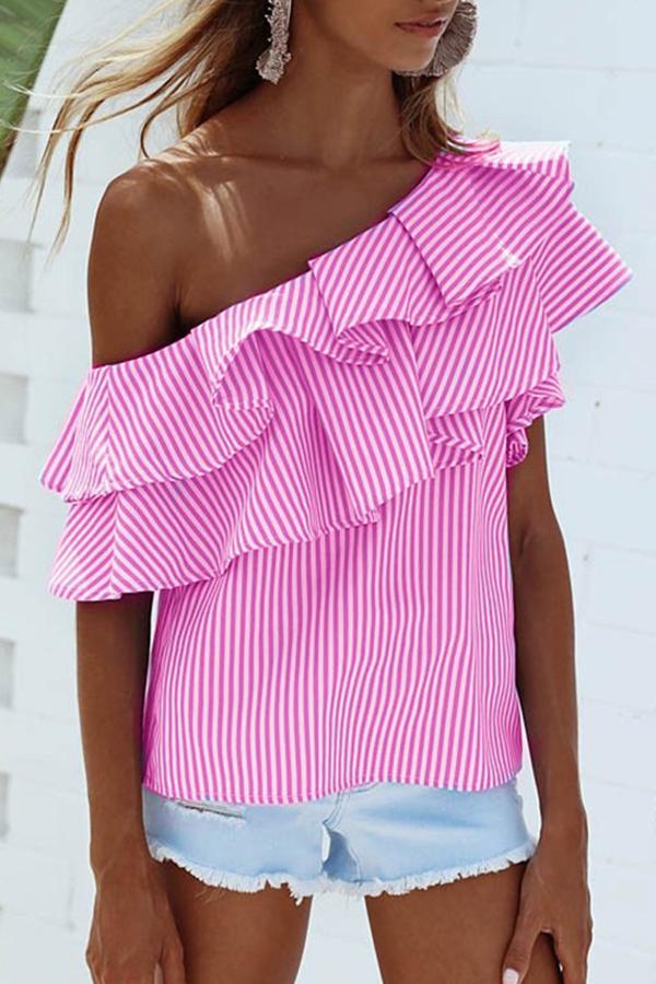 Oblique Shoulder Ruffles Sleeveless T-shirt