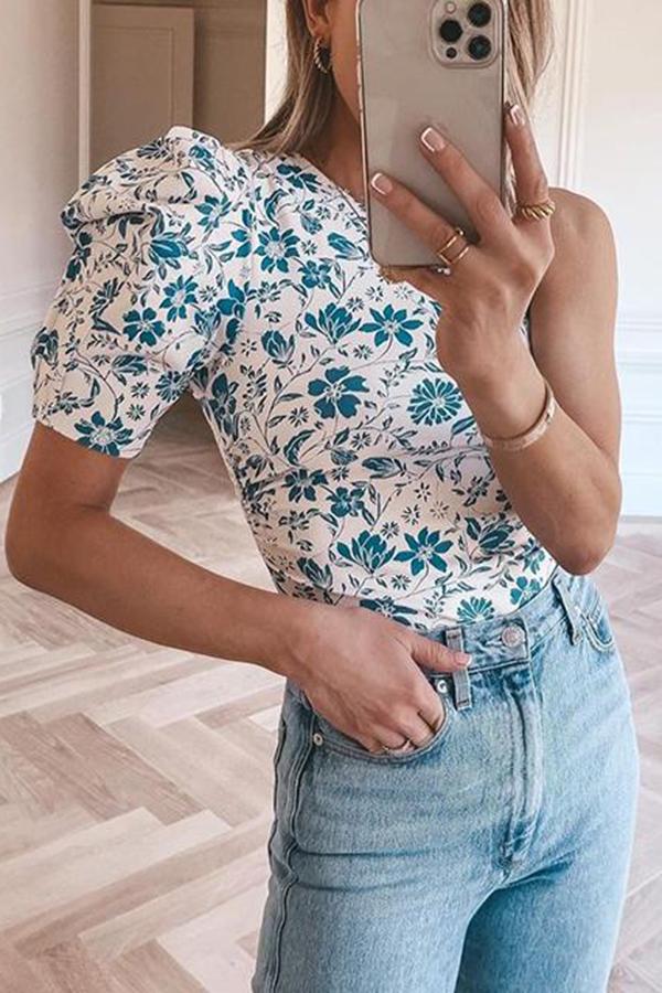 Smart One-shoulder Plants Print Bodysuit Shirt