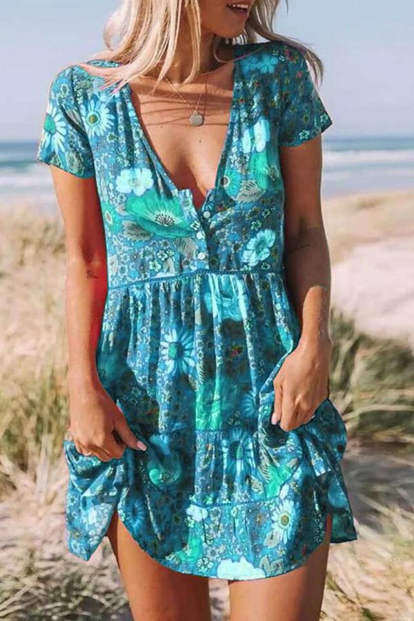 Bohemia Floral Print V Neck Swing Dress