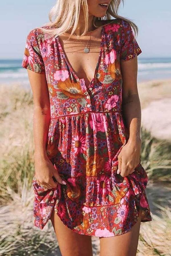 Bohemia Floral Print V Neck Swing Dress