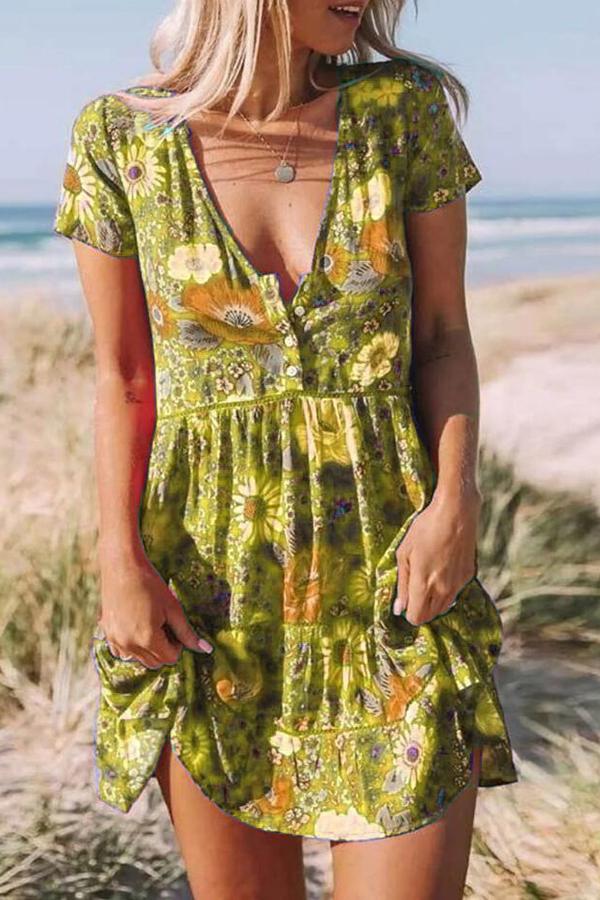 Bohemia Floral Print V Neck Swing Dress