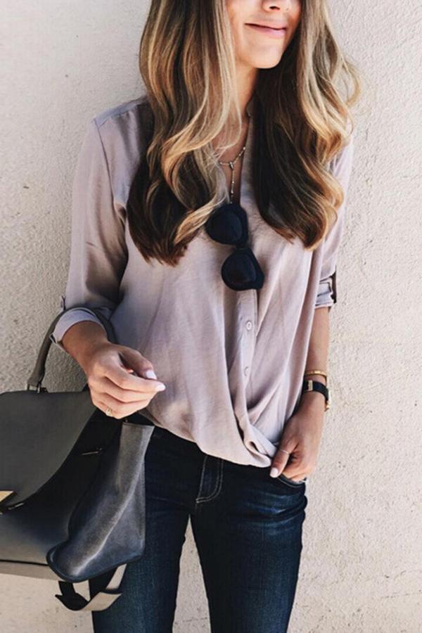 Urban V Neck Ruching Twisted Button Blouse