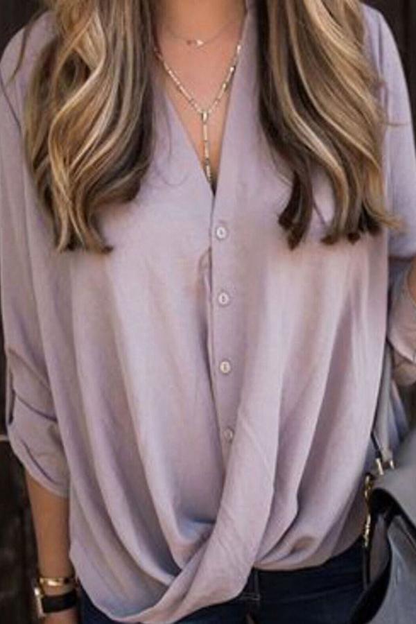 Urban V Neck Ruching Twisted Button Blouse