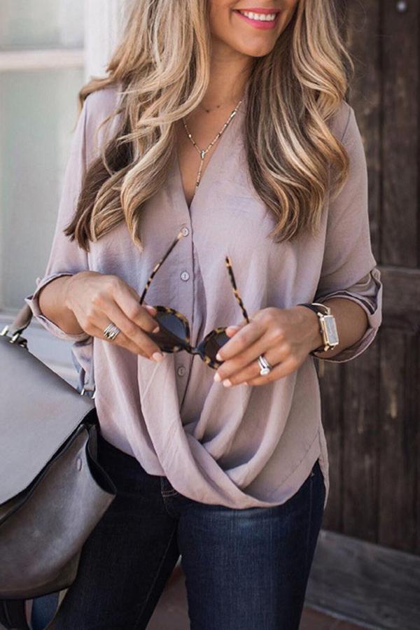 Urban V Neck Ruching Twisted Button Blouse