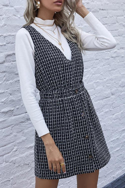 V-neck Plaid Waist Short Button Dress