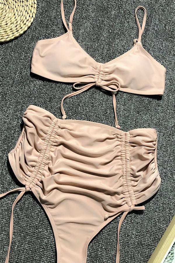 Lace Plain Bikini High-waist Two-piece Swimsuit