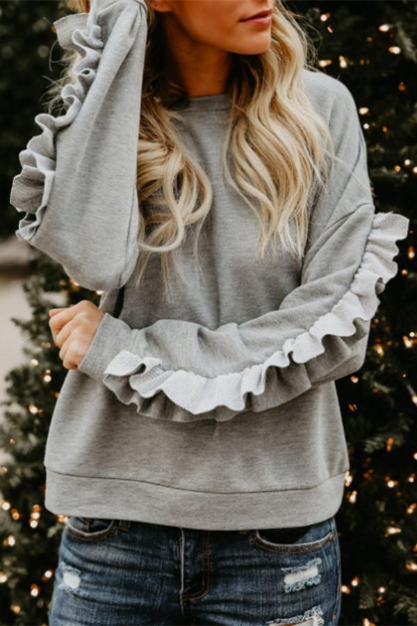 Casual Frill Flounce Gray Green Sweater