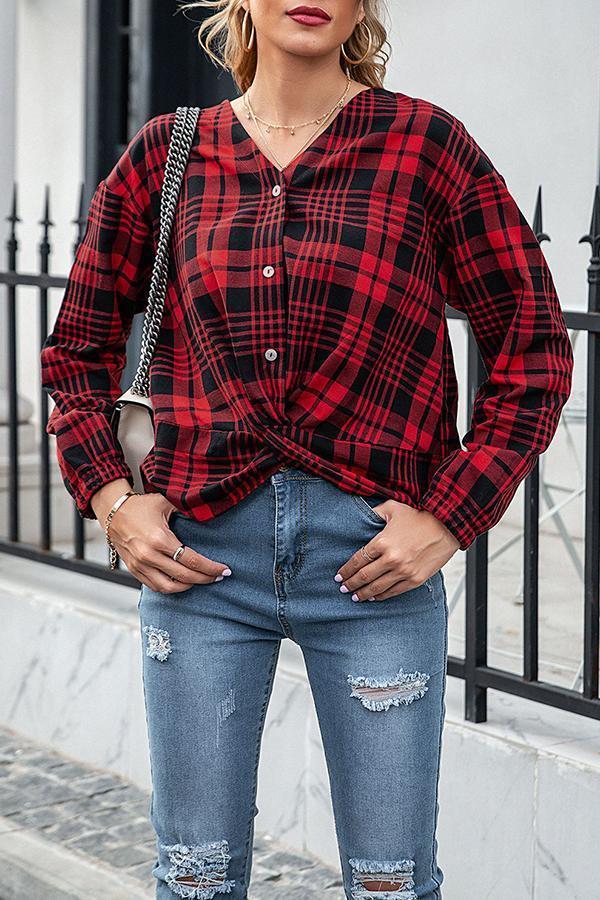 Fashion Print Red Plaid Long-sleeve Sshirt