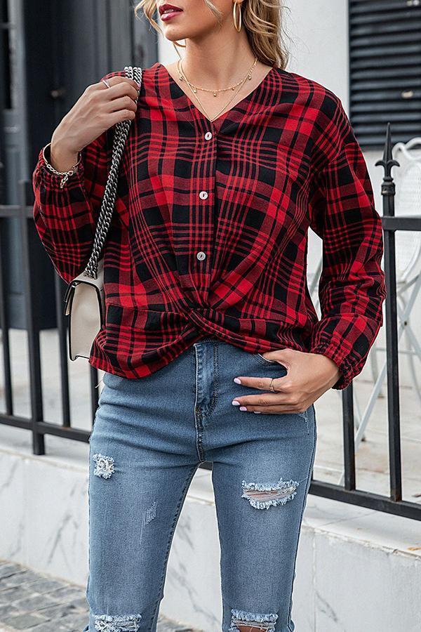 Fashion Print Red Plaid Long-sleeve Sshirt