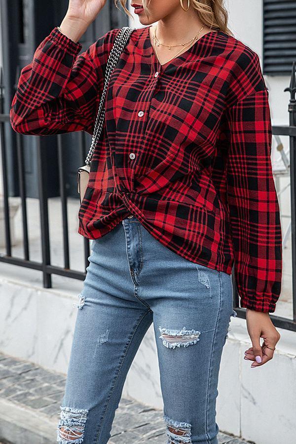 Fashion Print Red Plaid Long-sleeve Sshirt