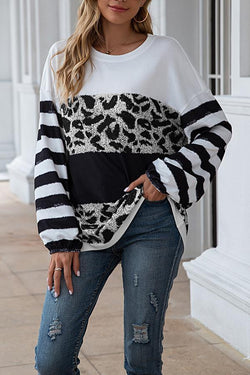 Casual Leopard Stripe Stitching Round-neck Top