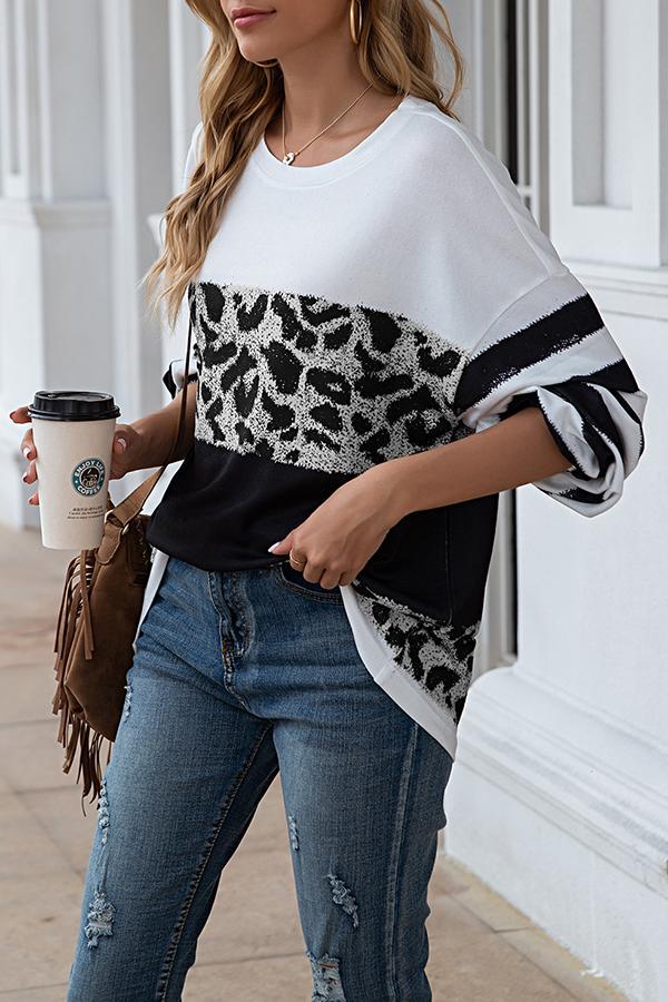 Casual Leopard Stripe Stitching Round-neck Top