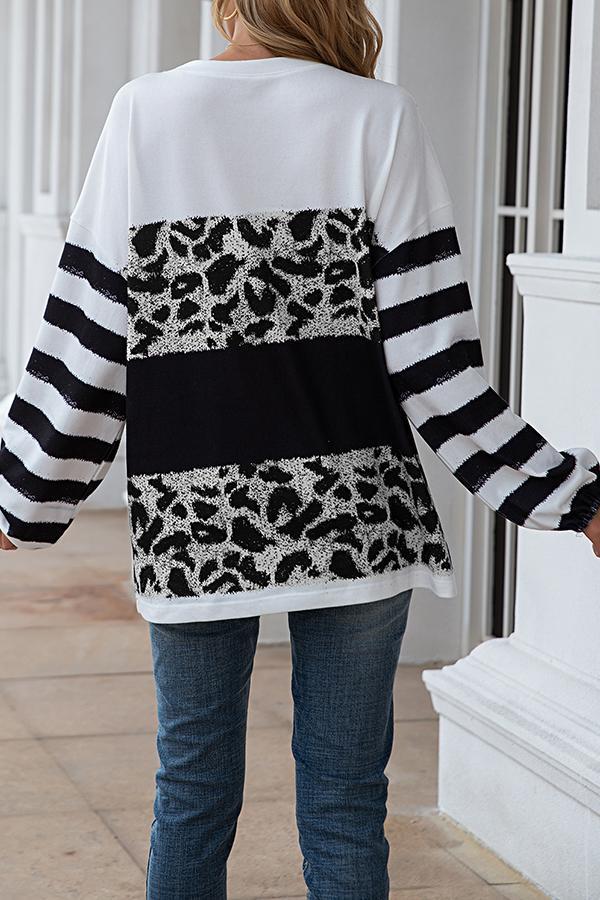 Casual Leopard Stripe Stitching Round-neck Top