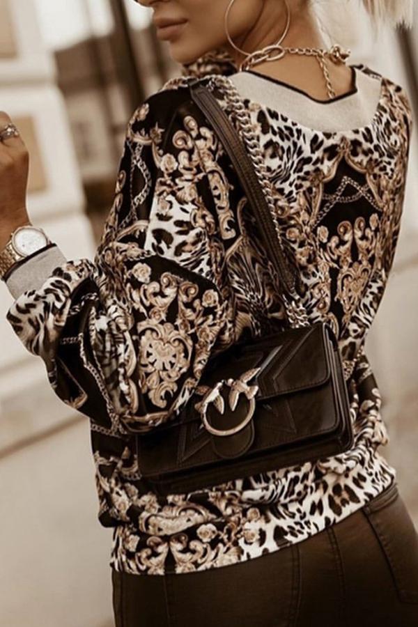 Casual Leopard Print Long-sleeve V-Neck Loose T-shirt