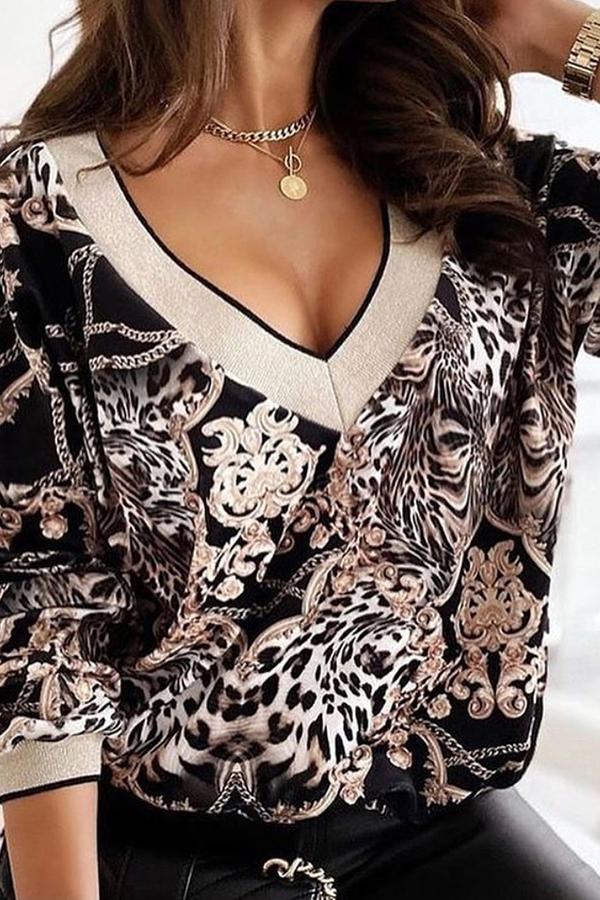 Casual Leopard Print Long-sleeve V-Neck Loose T-shirt