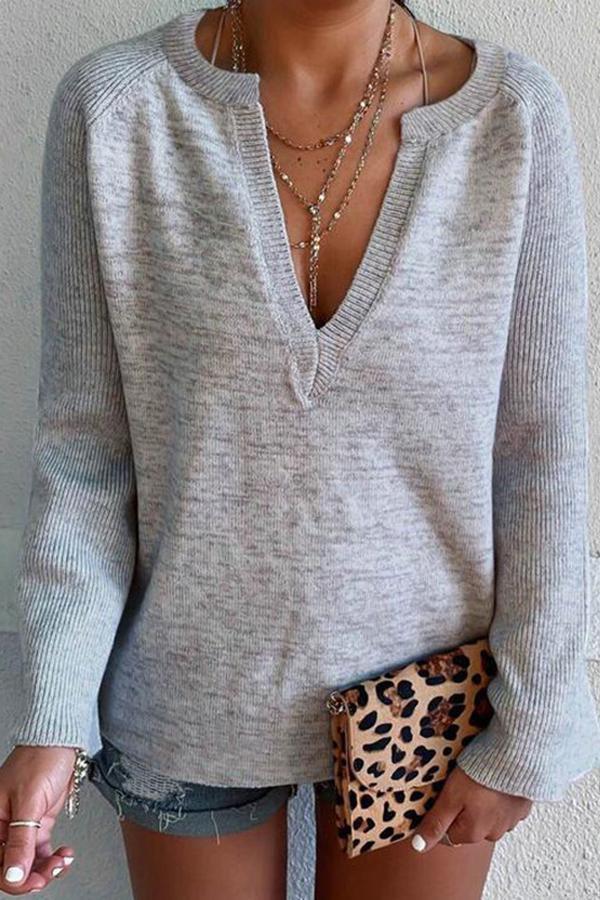 Casual Gray Simple Long-sleeve V-neck T-shirt