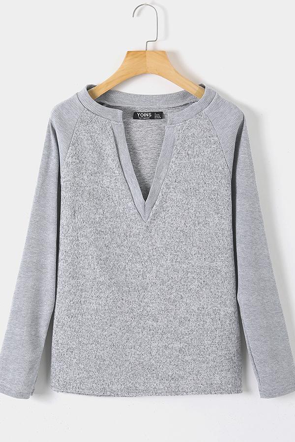 Casual Gray Simple Long-sleeve V-neck T-shirt