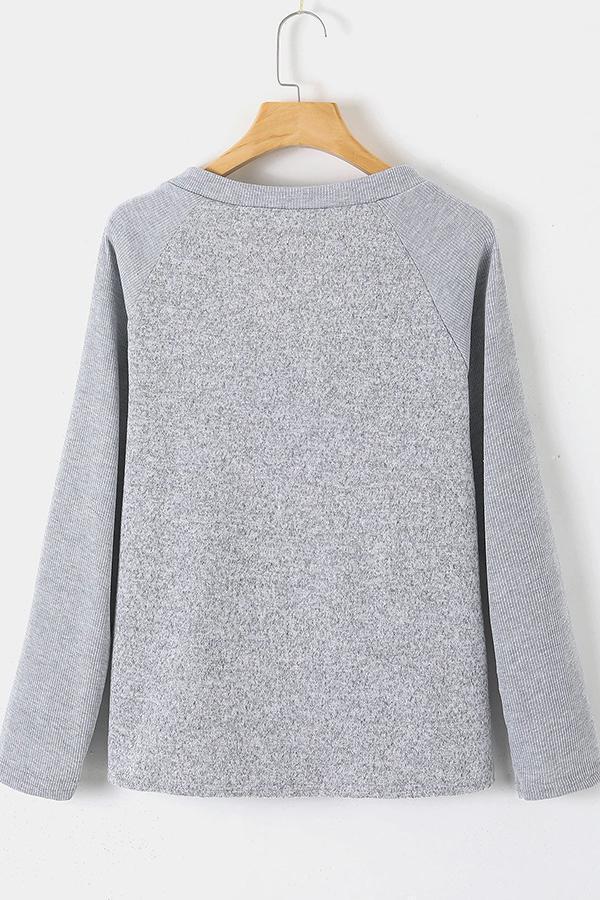 Casual Gray Simple Long-sleeve V-neck T-shirt