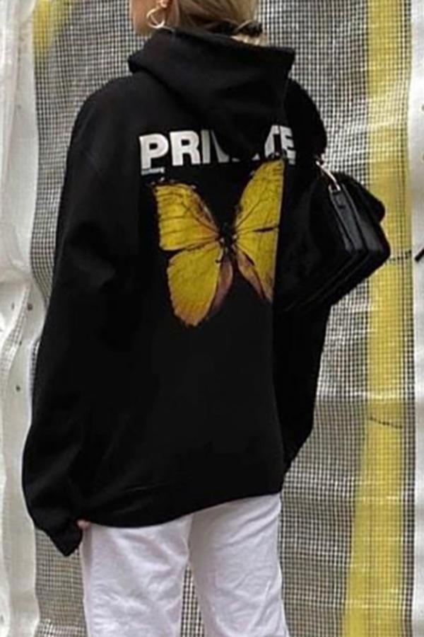 Fashion Butterfly Hooded Print Long-sleeve Sweater